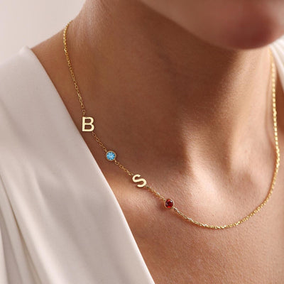 Sideway Initial Birthstone Necklace