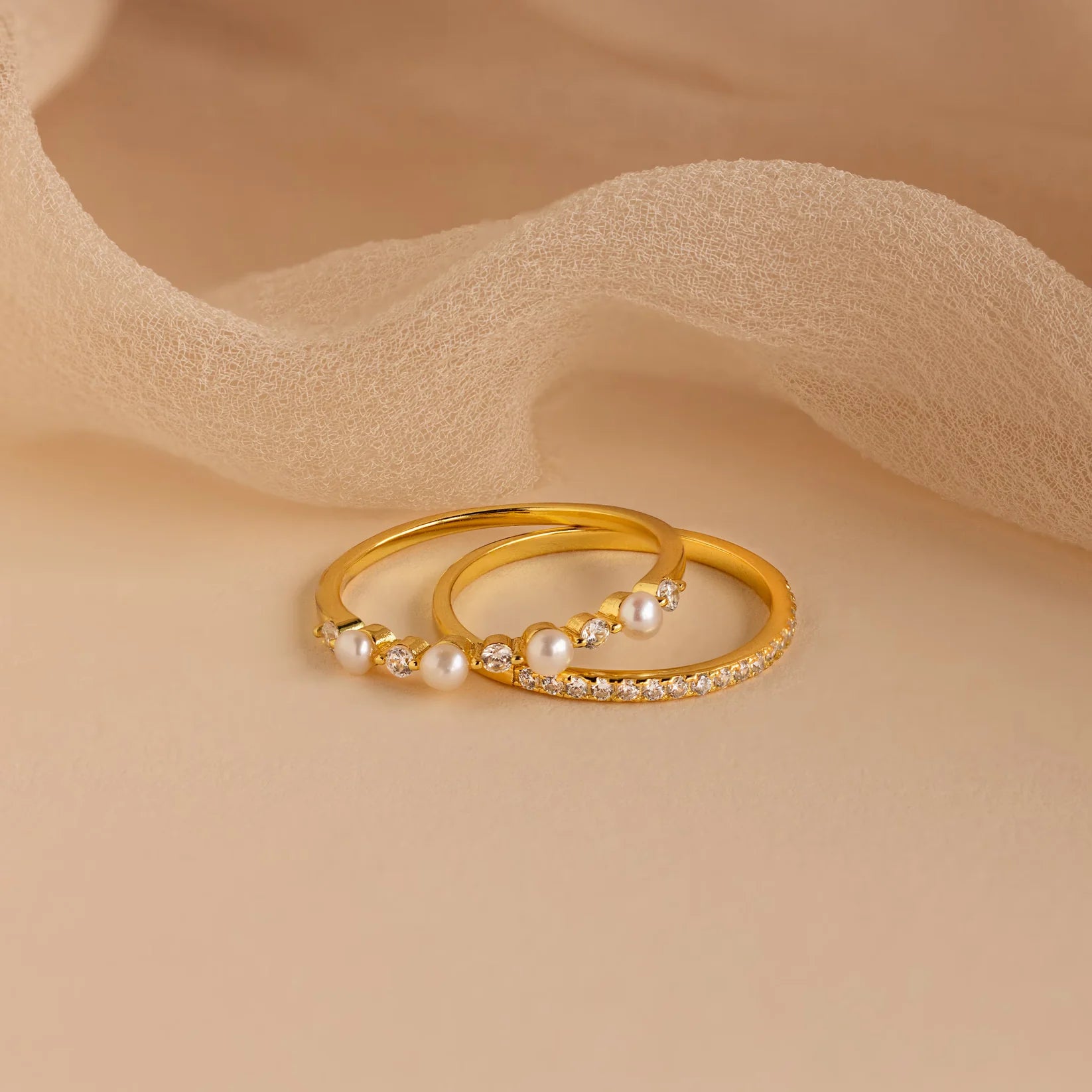 Pave Pearl Stacking Ring Set